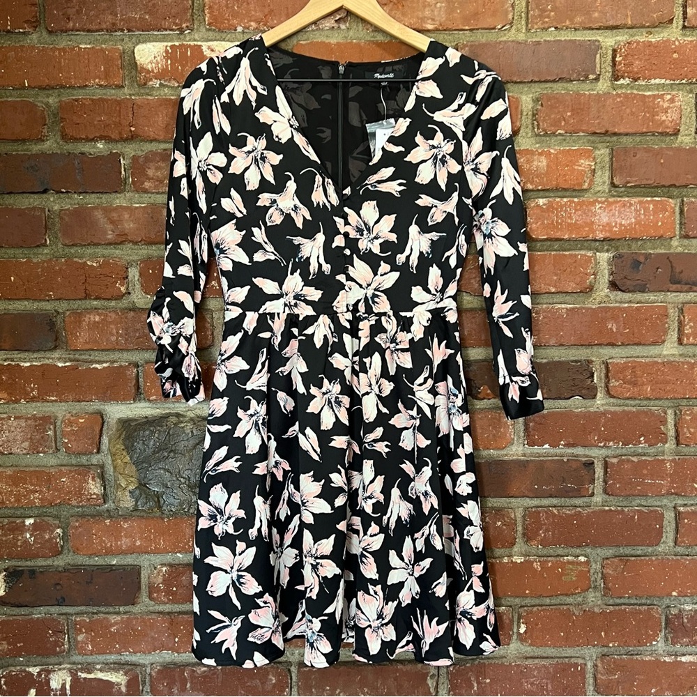 Madewell Black and Pink Floral Mini Dress size 0 moon blossom‎ ruffle sleeve NWT